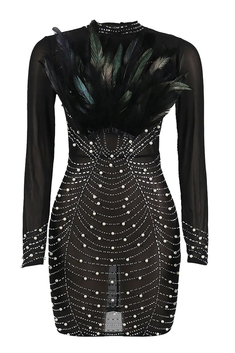 Long Sleeve Rhinestone Feather See Through Mini Dress