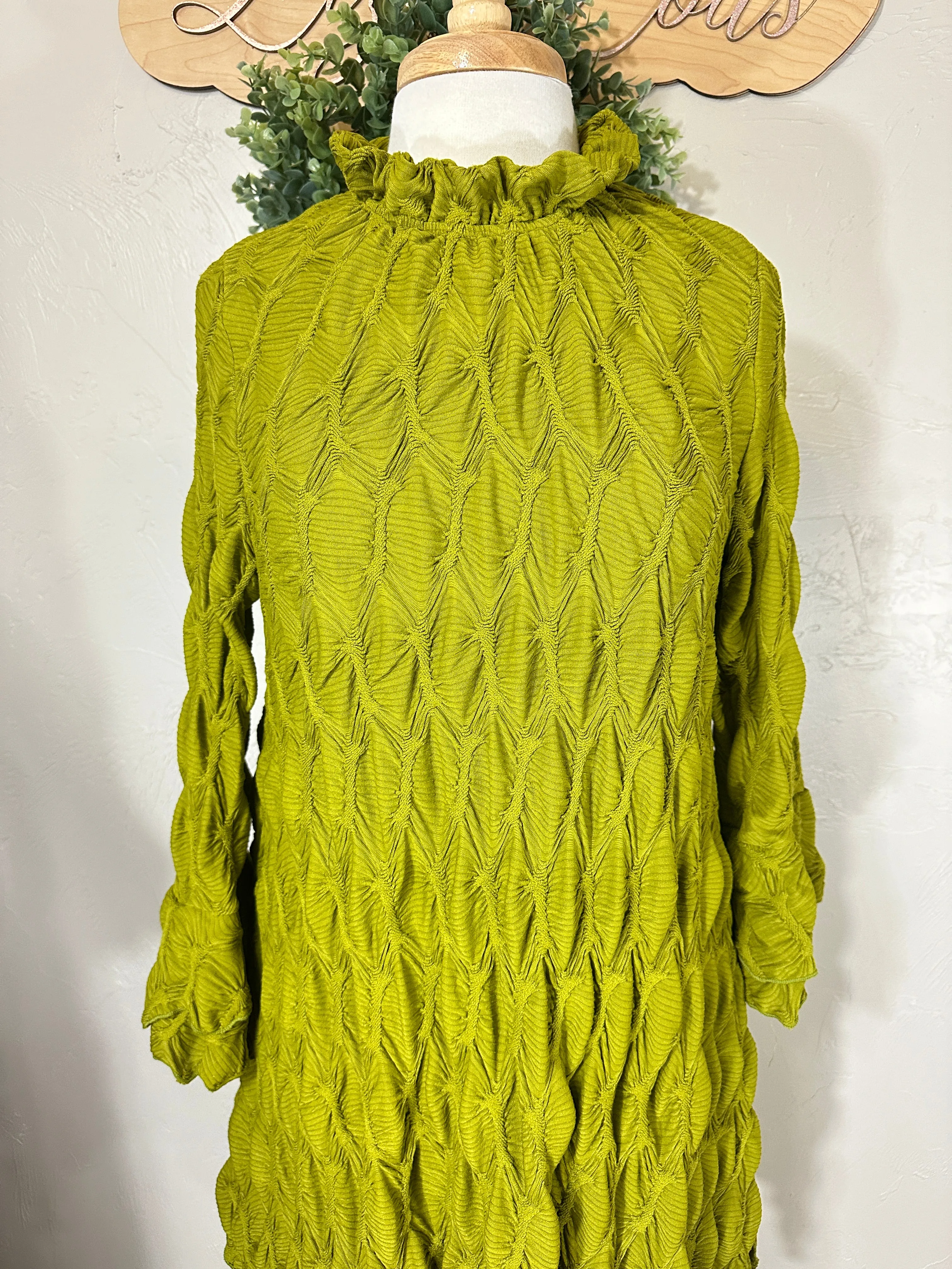 Lovely Lady Textured Pistachio Green Shark Bite Handkerchief Tunic