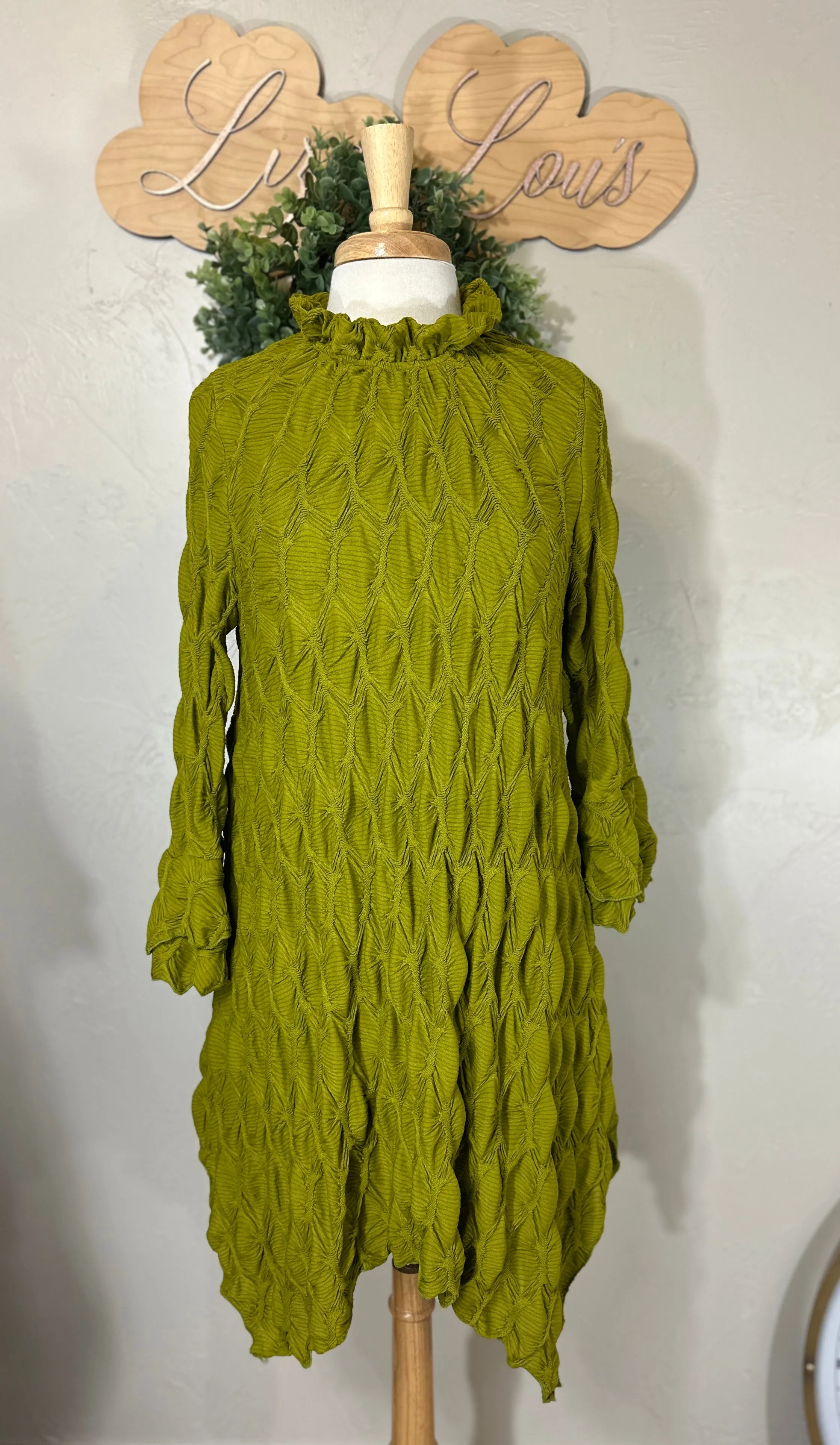 Lovely Lady Textured Pistachio Green Shark Bite Handkerchief Tunic