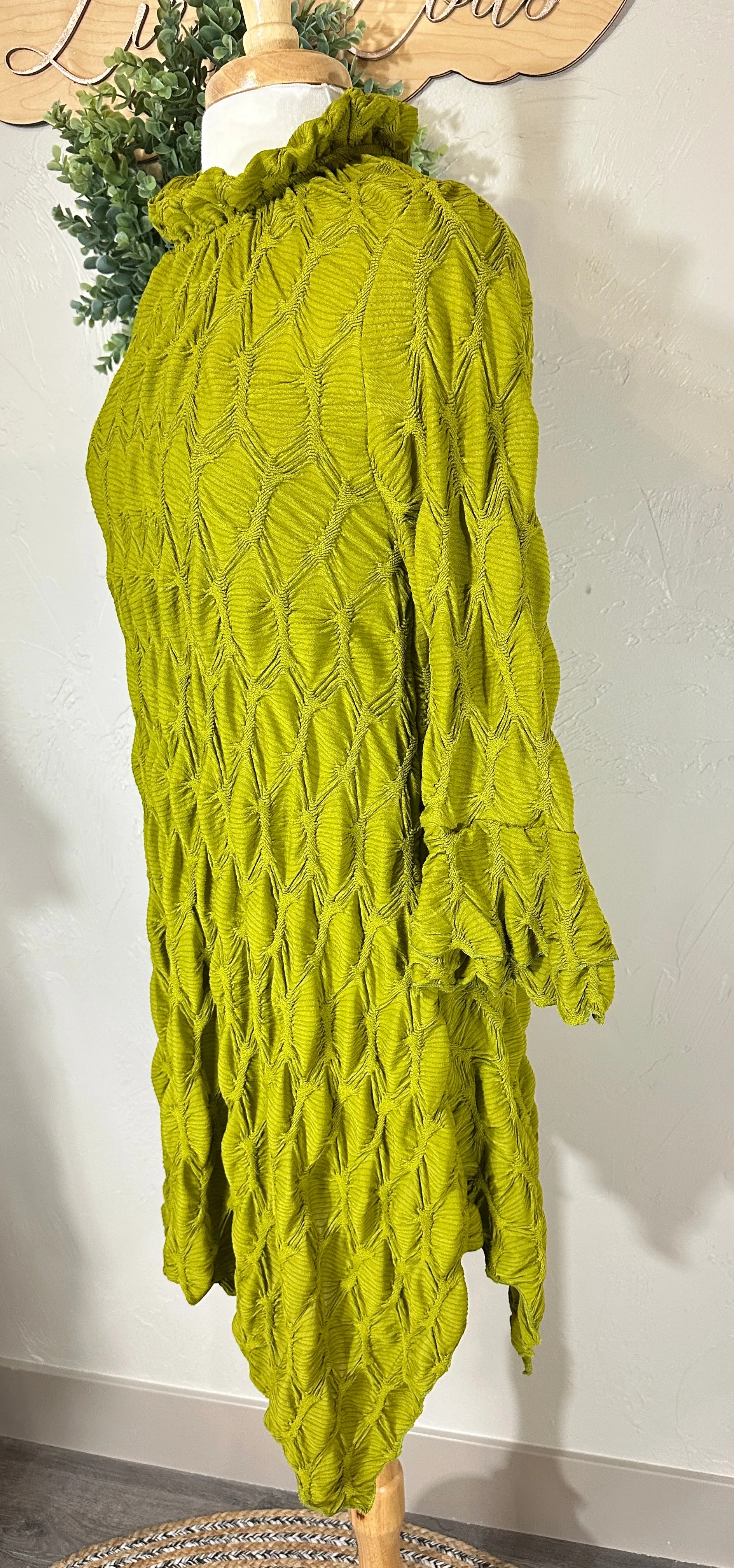 Lovely Lady Textured Pistachio Green Shark Bite Handkerchief Tunic