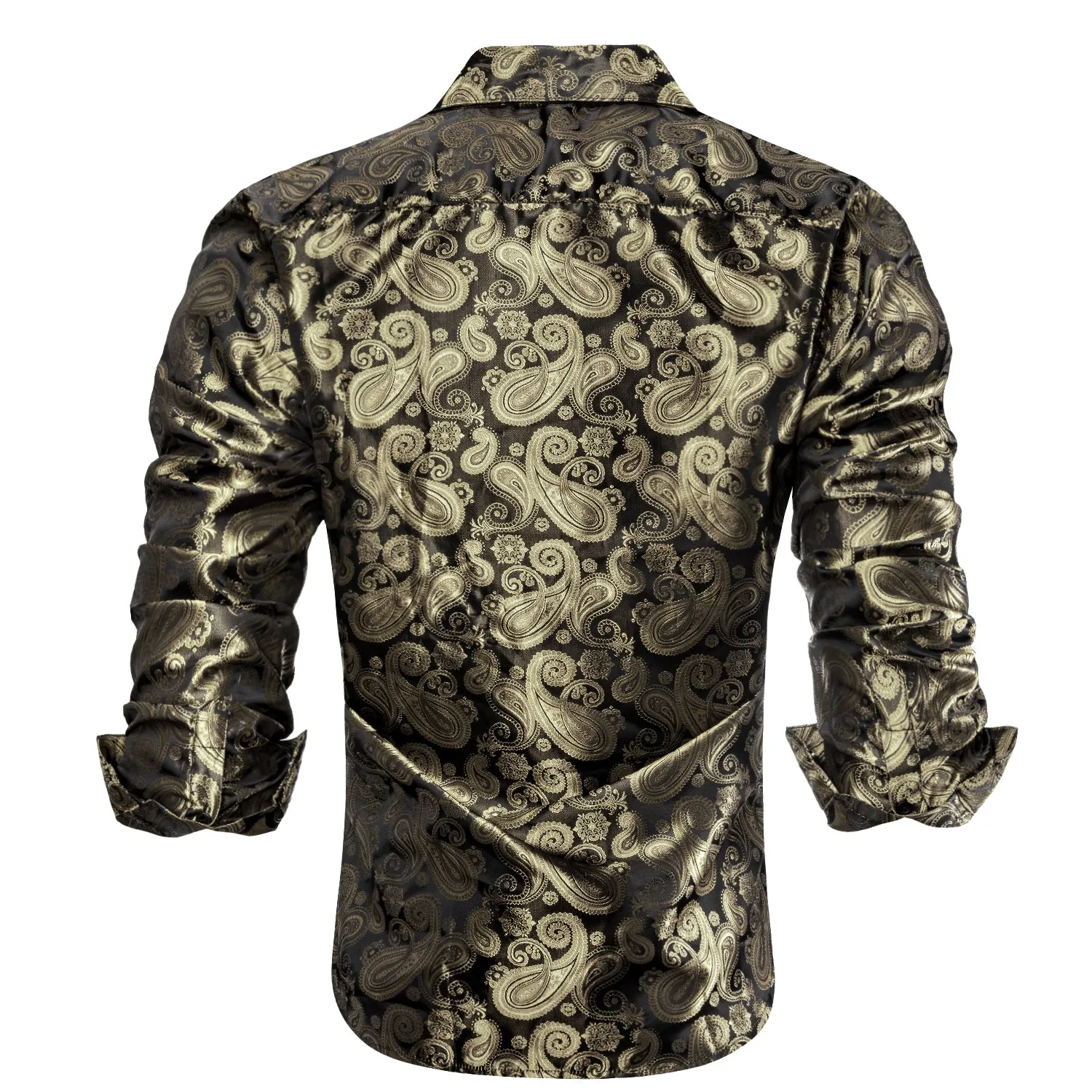 Luxury Champagne Brown Paisley Pattern Silk Men's Long Sleeve Shirt