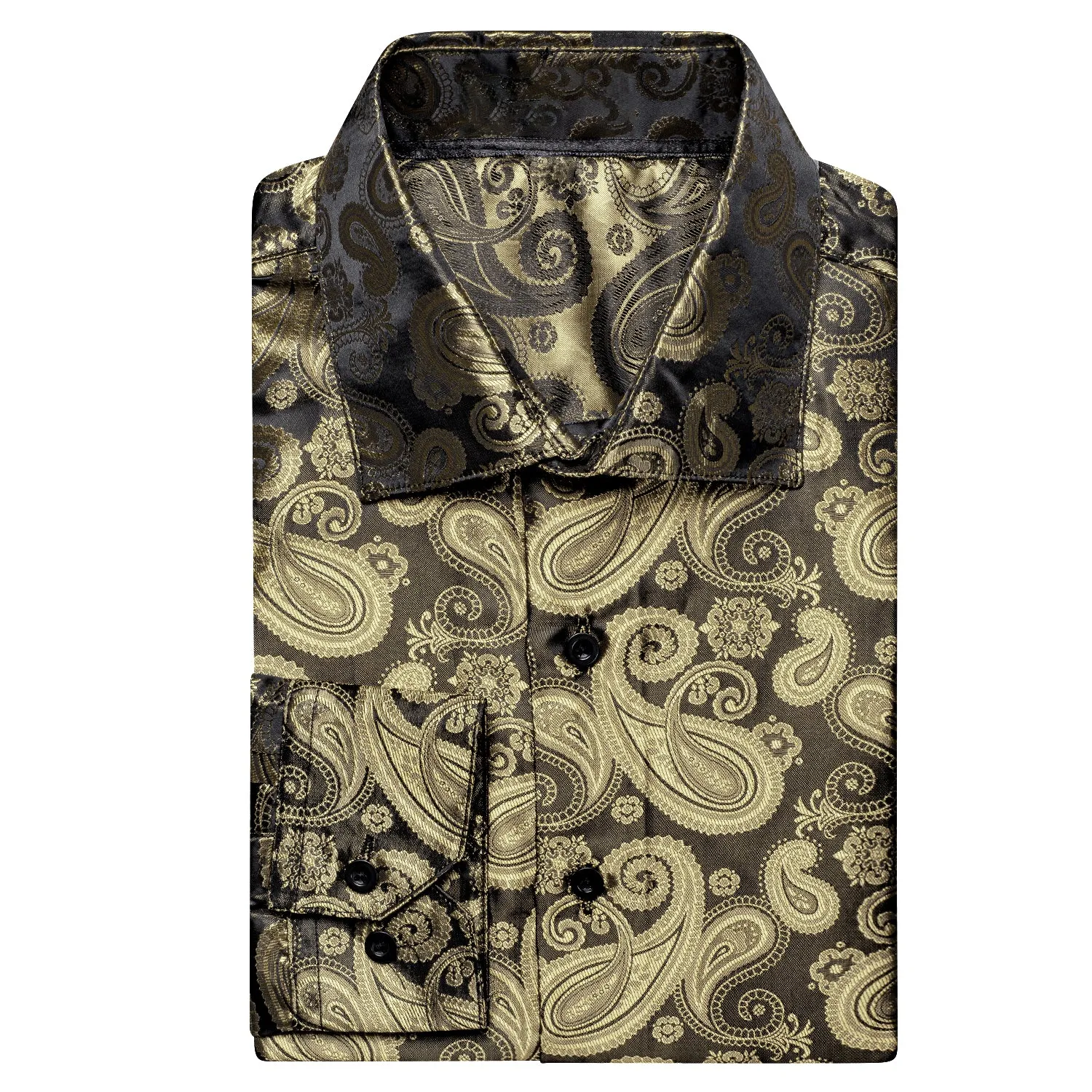 Luxury Champagne Brown Paisley Pattern Silk Men's Long Sleeve Shirt