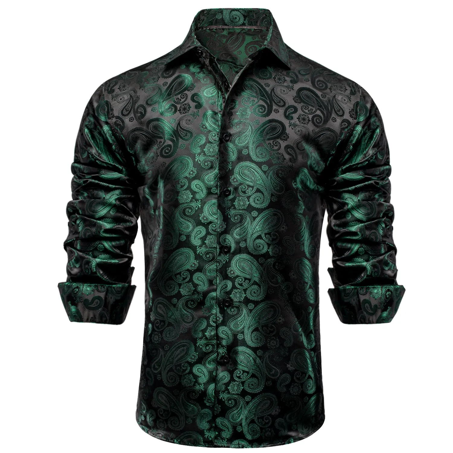 Luxury Dark Green Paisley Pattern Silk Men's Long Sleeve Shirt