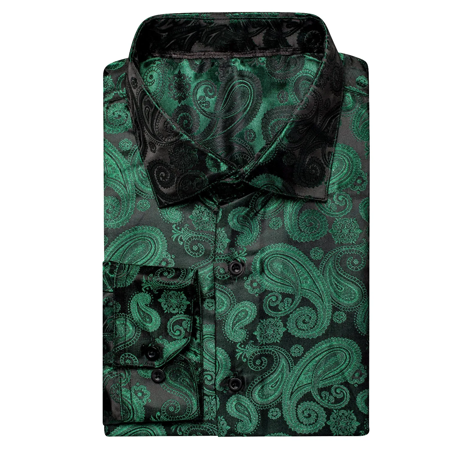 Luxury Dark Green Paisley Pattern Silk Men's Long Sleeve Shirt