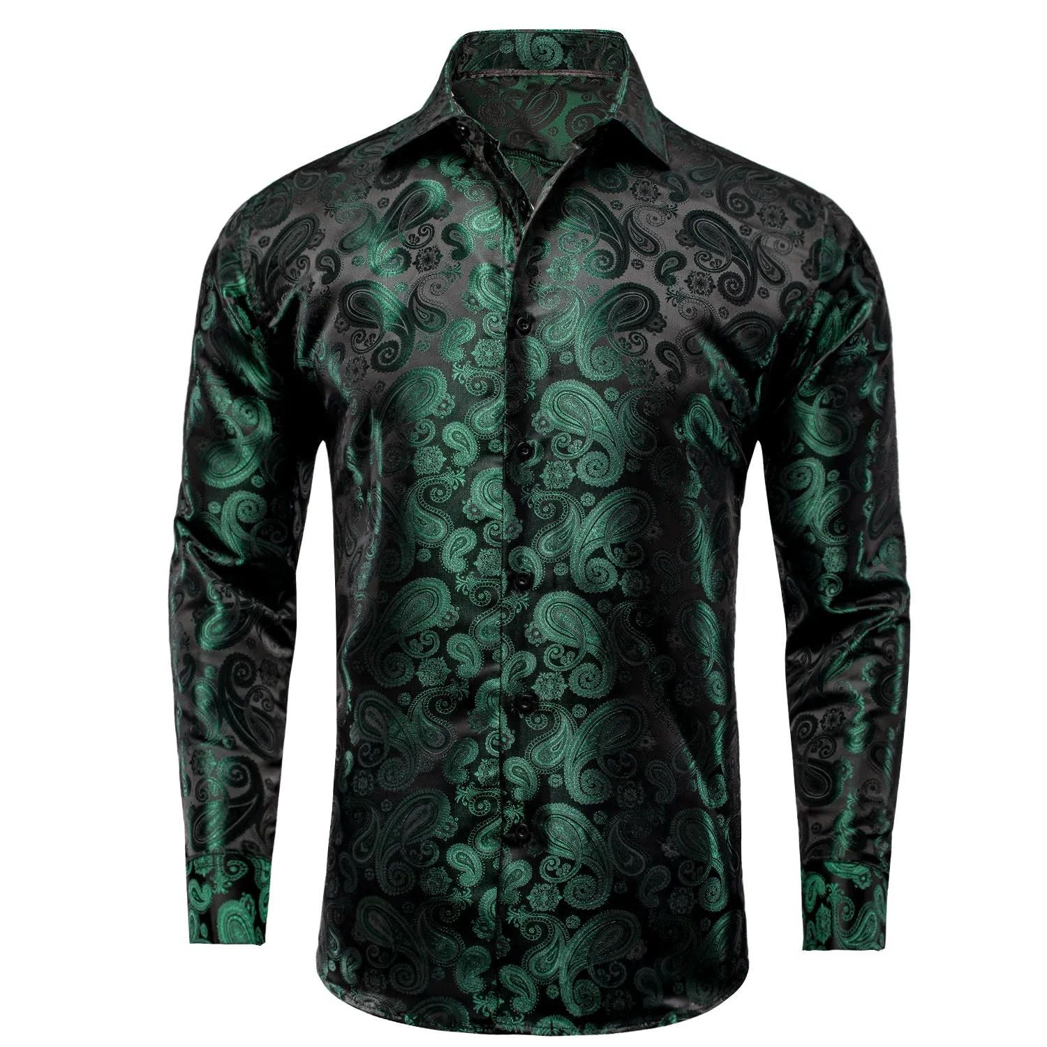 Luxury Dark Green Paisley Pattern Silk Men's Long Sleeve Shirt