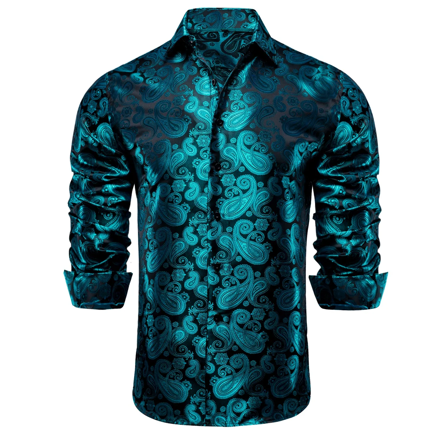 Luxury Lake Blue Paisley Pattern Silk Men's Long Sleeve Shirt