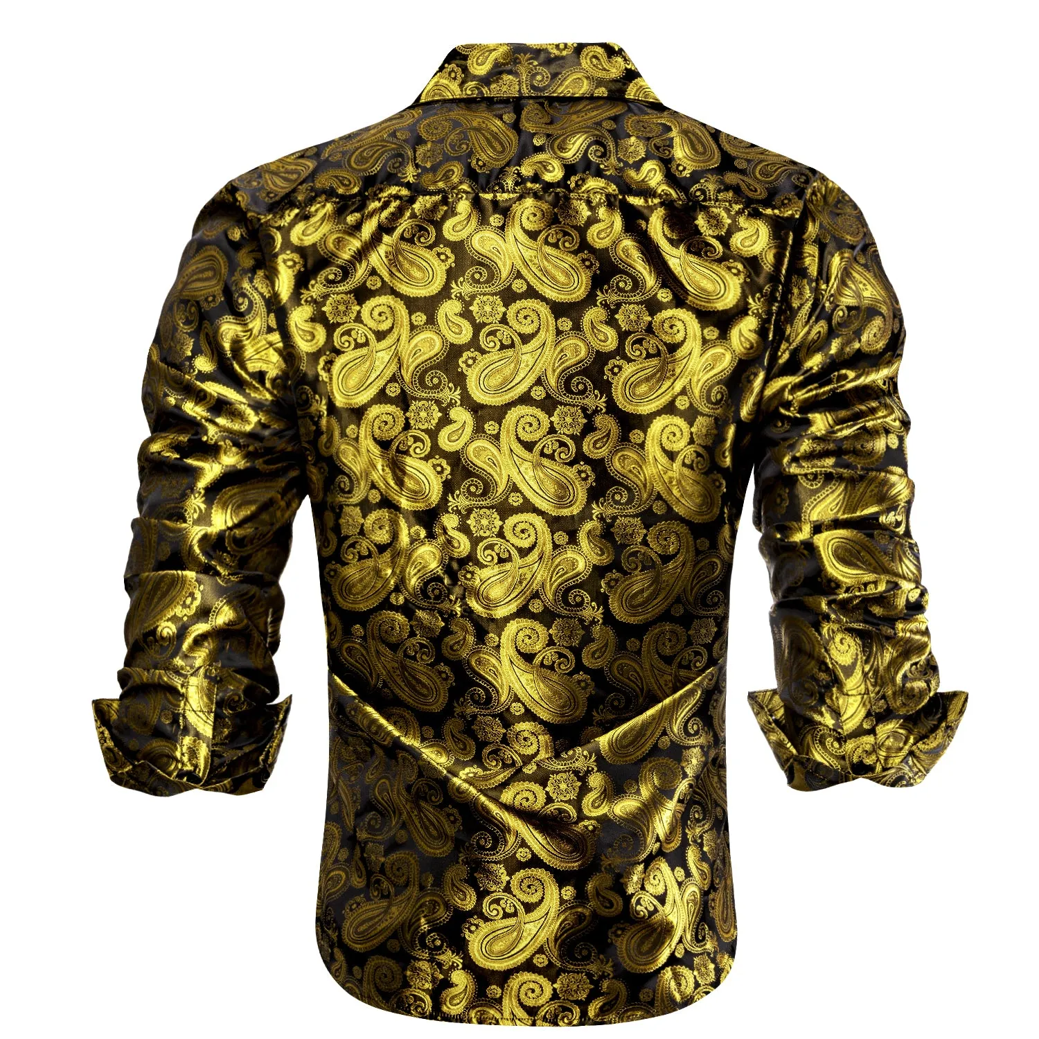 Luxury Yellow Brown Paisley Pattern Silk Men's Long Sleeve Shirt