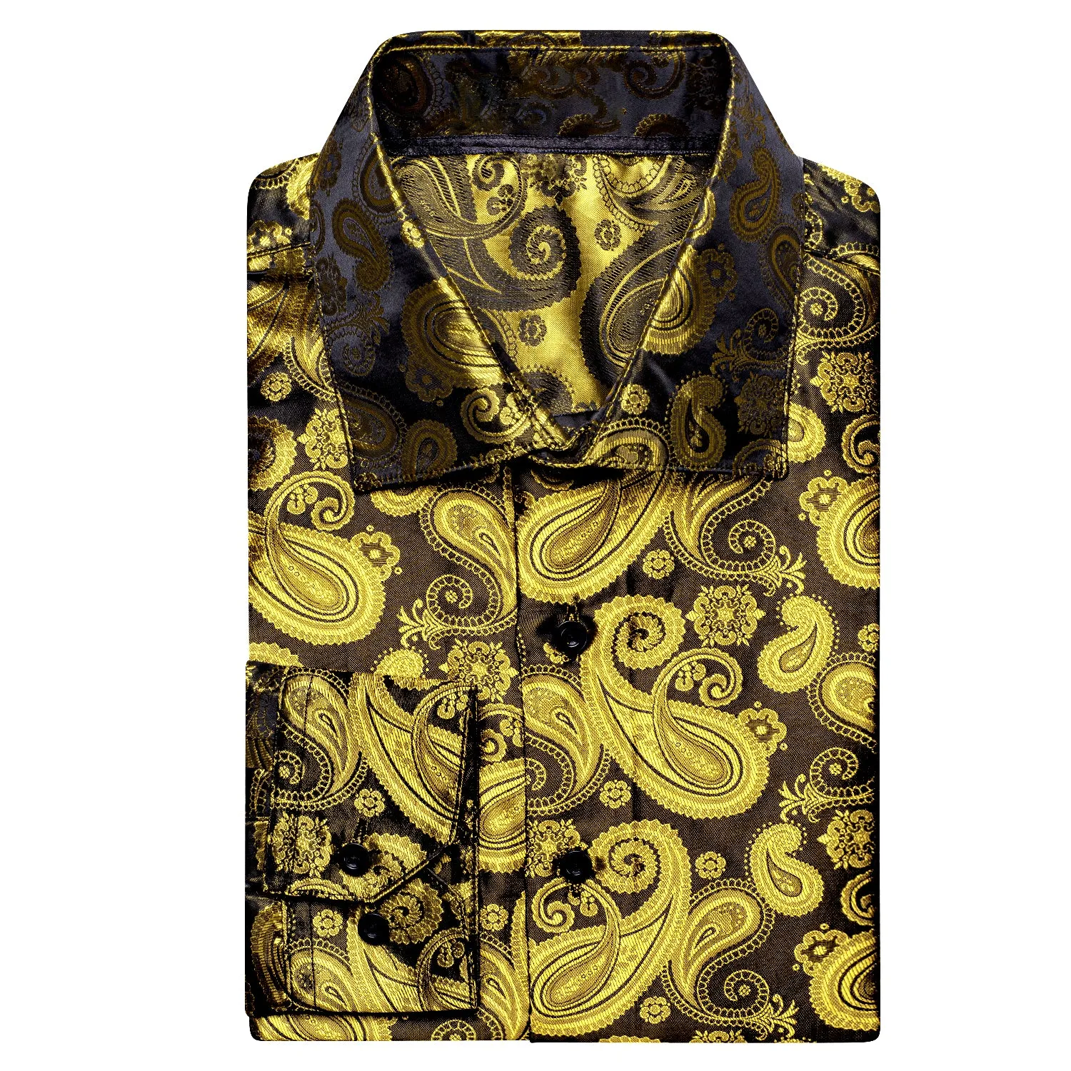 Luxury Yellow Brown Paisley Pattern Silk Men's Long Sleeve Shirt