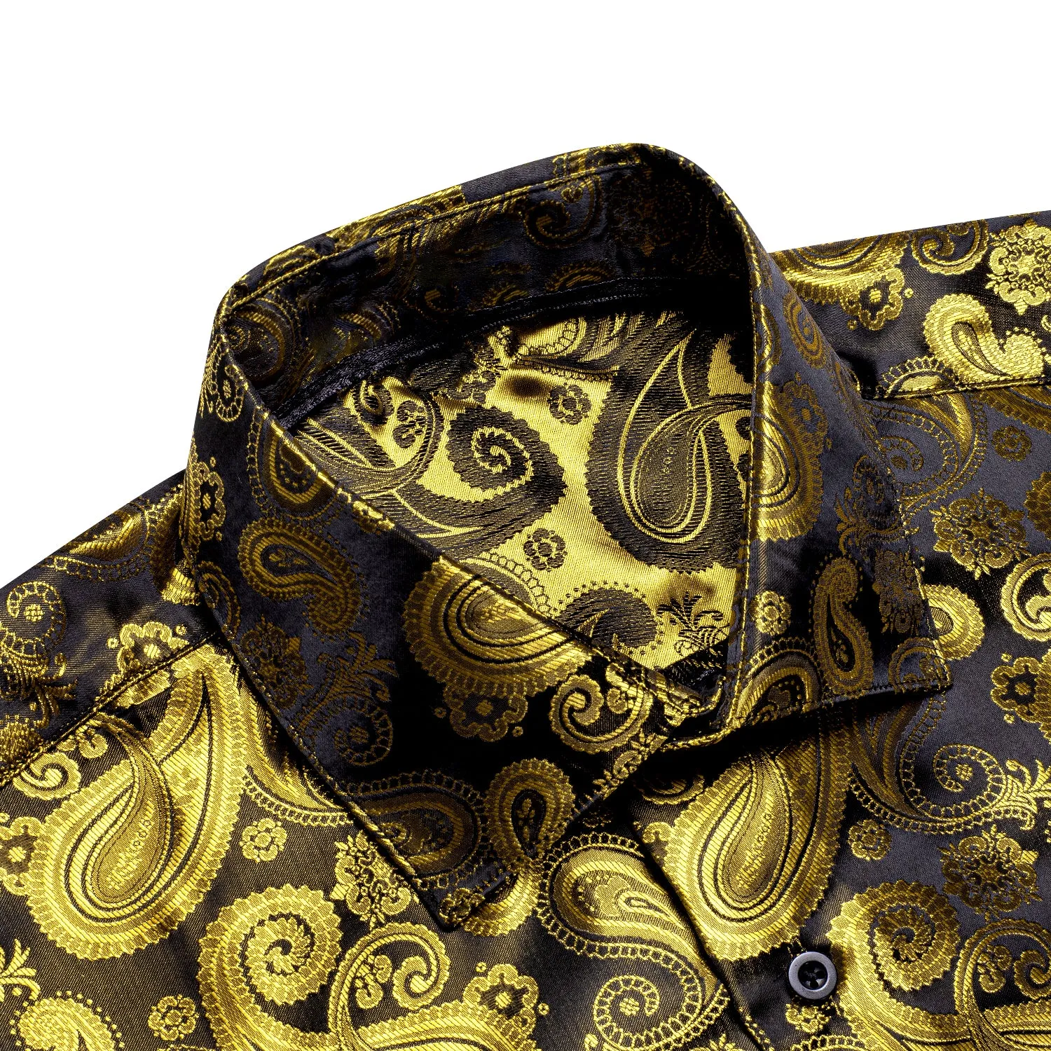 Luxury Yellow Brown Paisley Pattern Silk Men's Long Sleeve Shirt