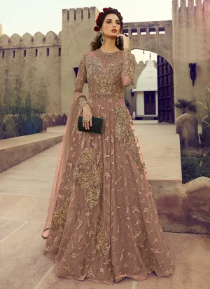 Mauve Golden Embroidered Flared Anarkali Suit