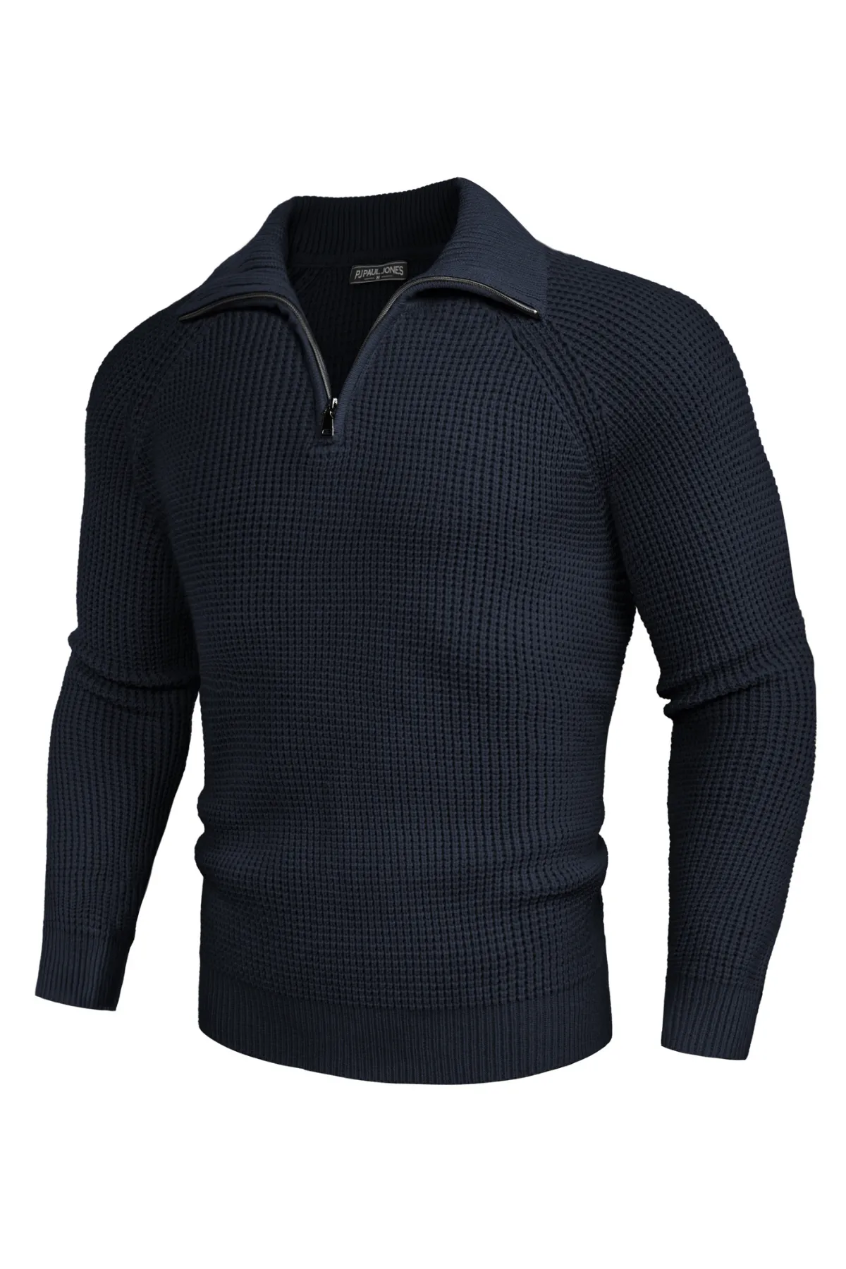 Men Waffle Textured Sweater Long Raglan Sleeve Lapel Collar Pullover