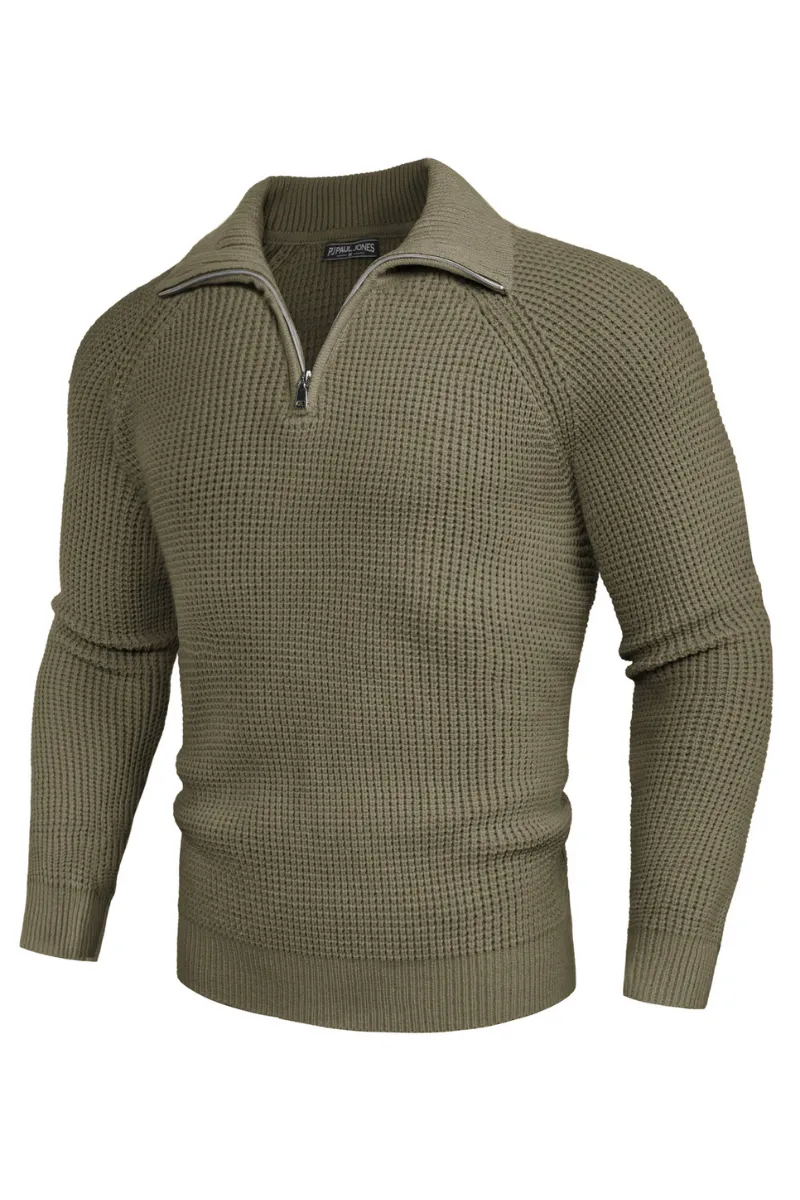 Men Waffle Textured Sweater Long Raglan Sleeve Lapel Collar Pullover