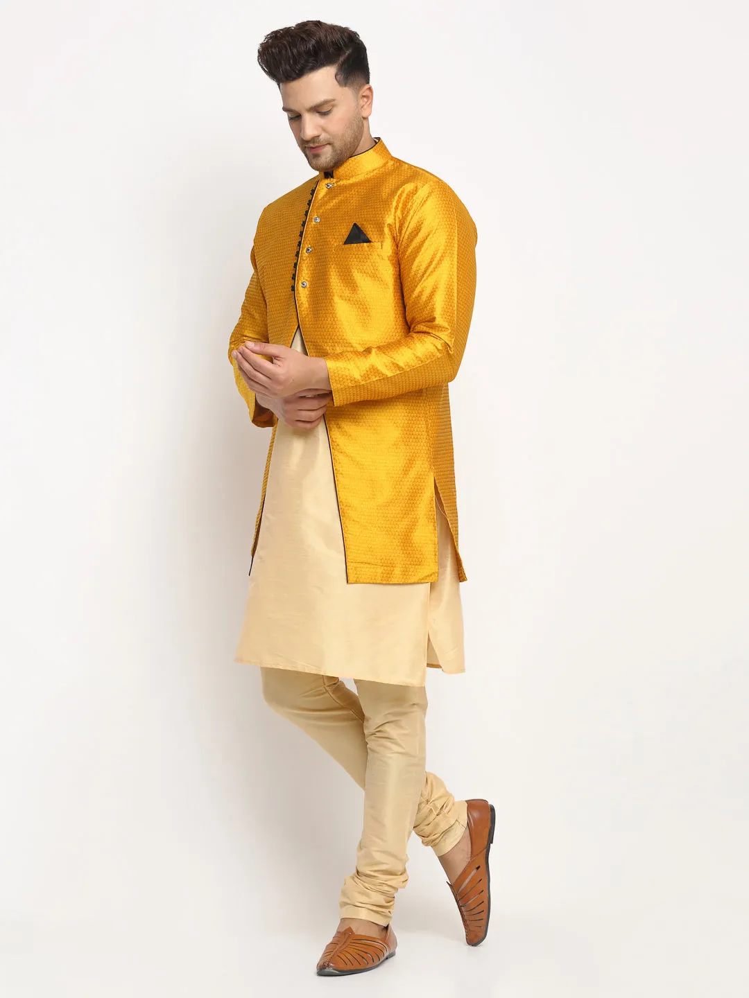 Men's Gold Kurta With Pyjama & Mustard Self Design Jacket - Benstoke