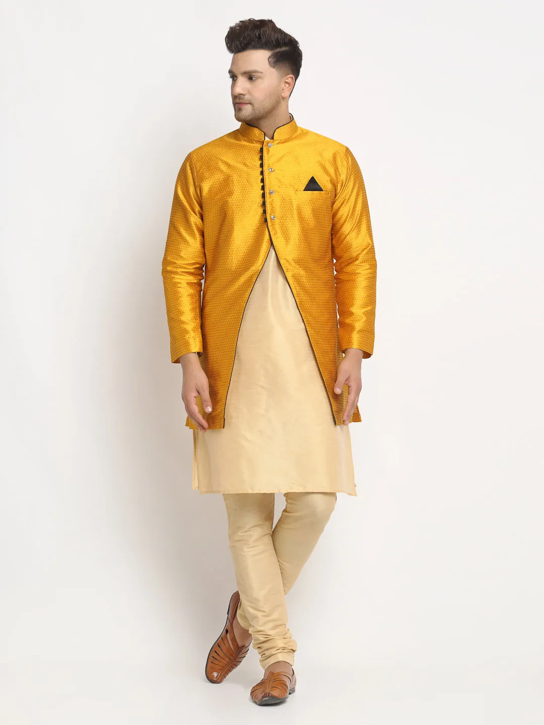 Men's Gold Kurta With Pyjama & Mustard Self Design Jacket - Benstoke