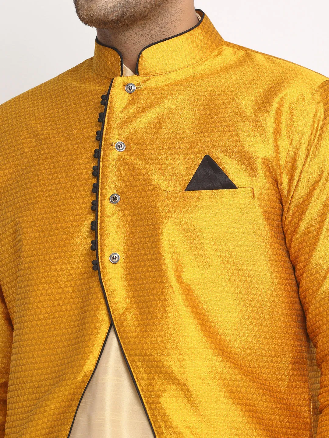 Men's Gold Kurta With Pyjama & Mustard Self Design Jacket - Benstoke