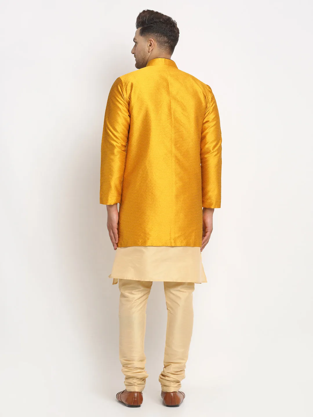 Men's Gold Kurta With Pyjama & Mustard Self Design Jacket - Benstoke