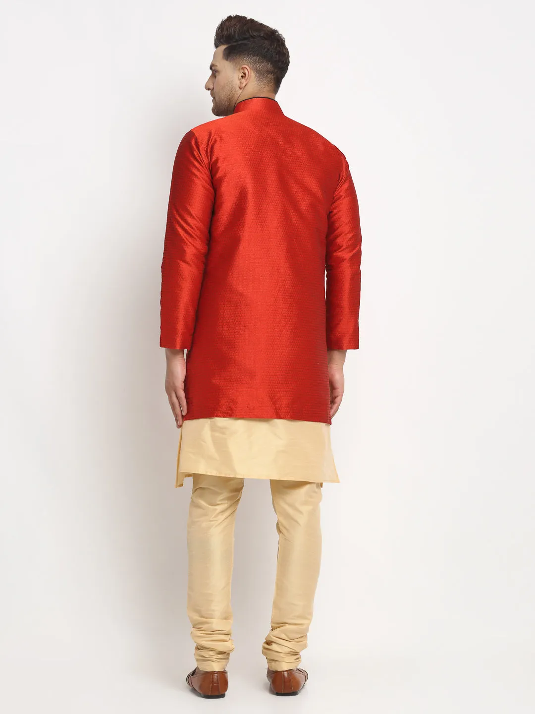 Men's Gold Kurta With Pyjama & Red Self Design Jacket - Benstoke