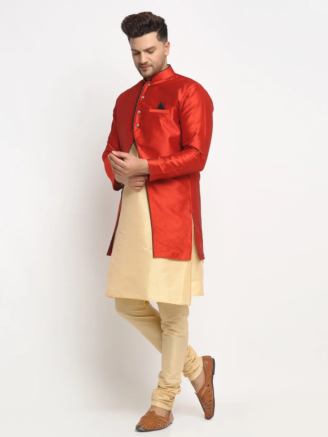 Men's Gold Kurta With Pyjama & Red Self Design Jacket - Benstoke