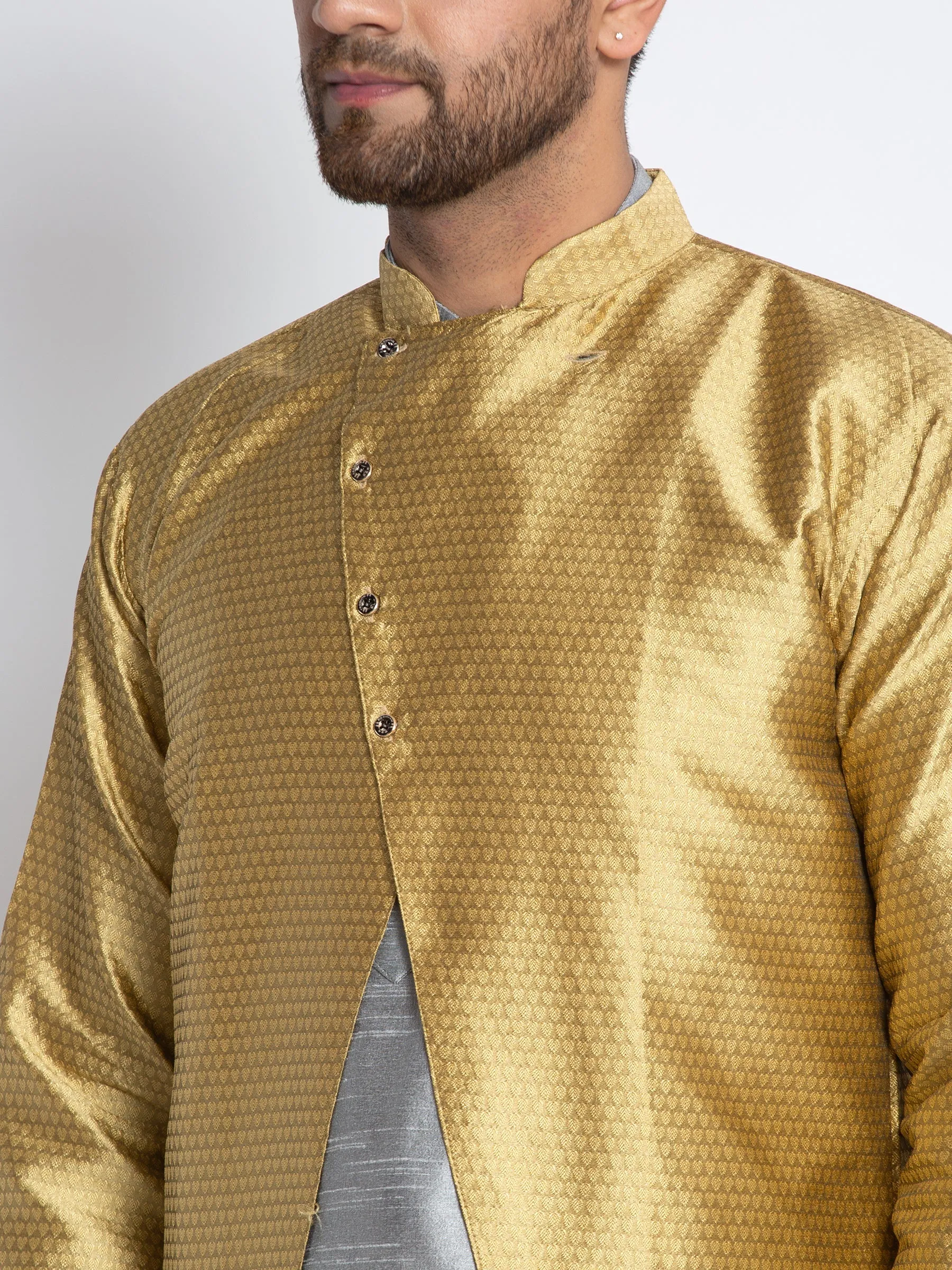 Men's Grey Kurta With Pyjama & Gold Self Design Jacket - Benstoke