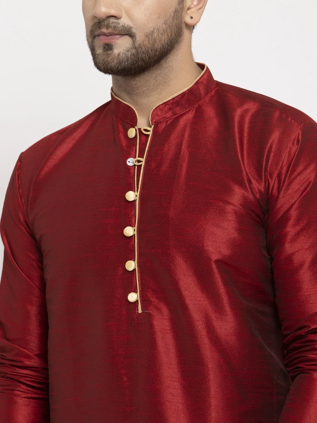 Men's Maroon Solid Kurta With Gold Churidaar Pyjama - Benstoke