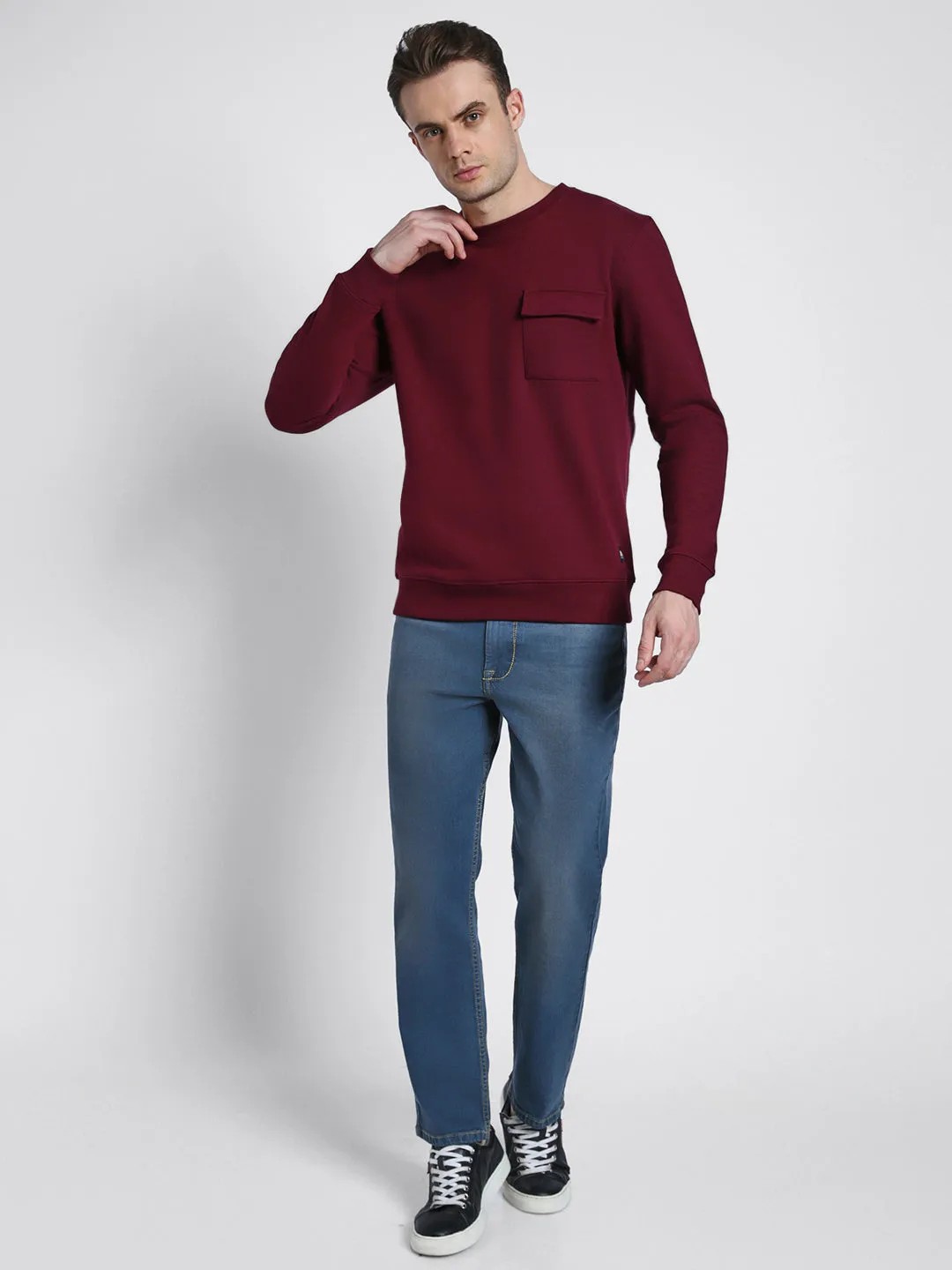 Men's Mock Neck Regular Fit Solid Patch Pocket Maroon Sweatshirt