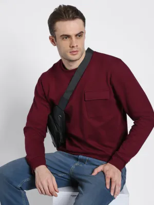 Men's Mock Neck Regular Fit Solid Patch Pocket Maroon Sweatshirt