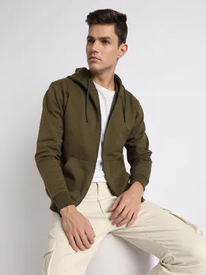 Men's Olive Solid Hooded Sweatshirt