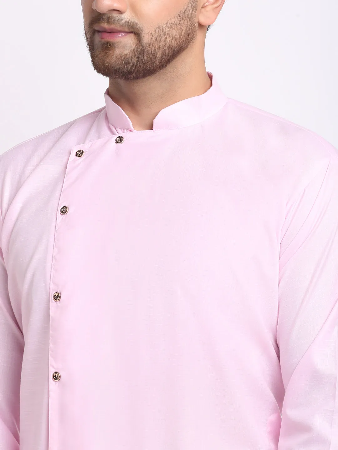 Men's Pink Solid Angrakha Kurta With White Churidaar Pyjama - Benstoke