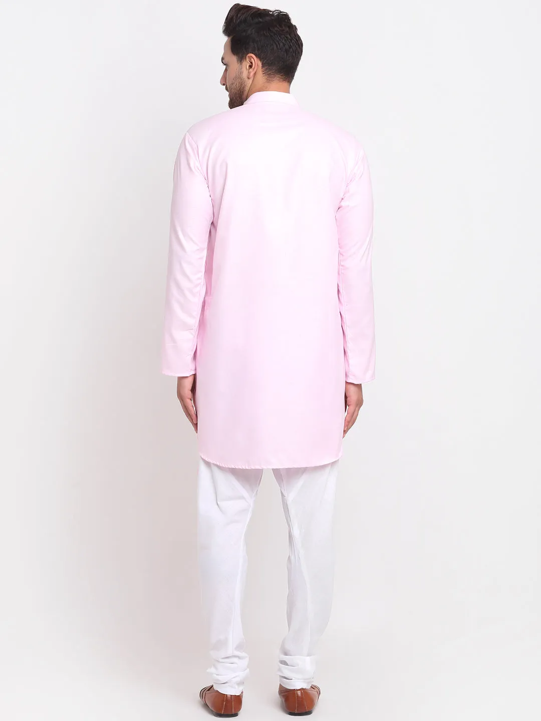 Men's Pink Solid Angrakha Kurta With White Churidaar Pyjama - Benstoke