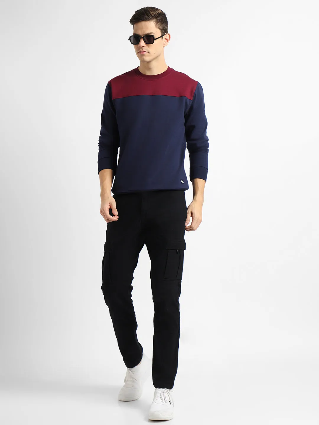 Men's Round Neck Regular Fit Colourblock Navy Sweatshirt