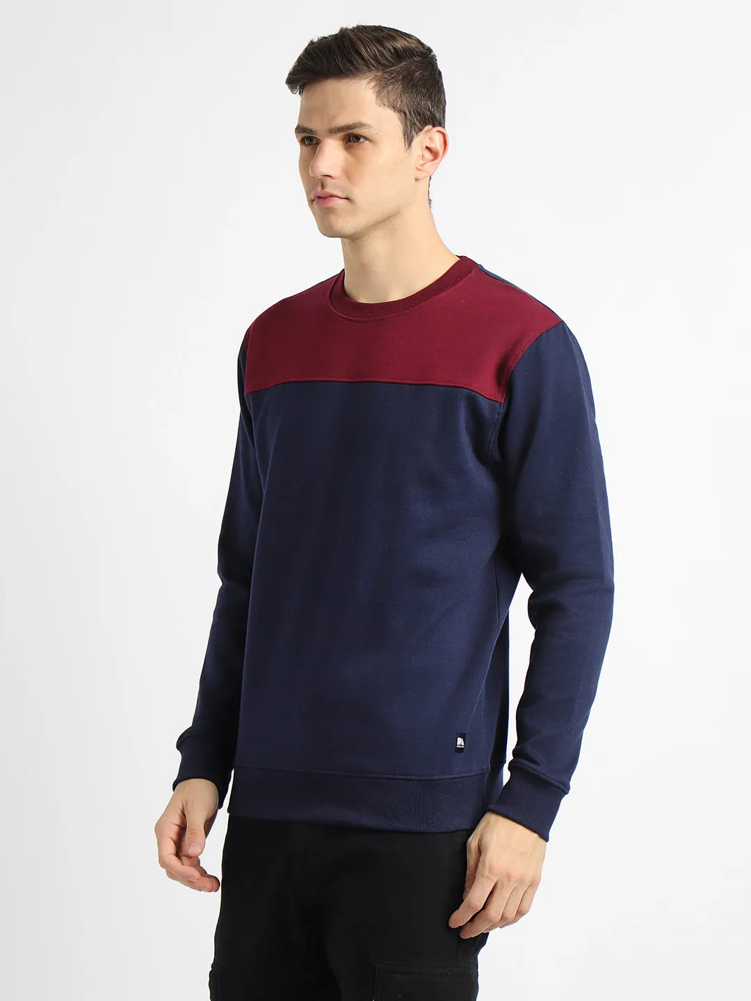 Men's Round Neck Regular Fit Colourblock Navy Sweatshirt