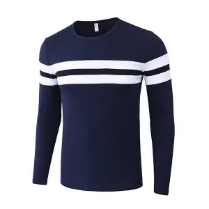 Mens Stitching Color Striped Casual T-shirt