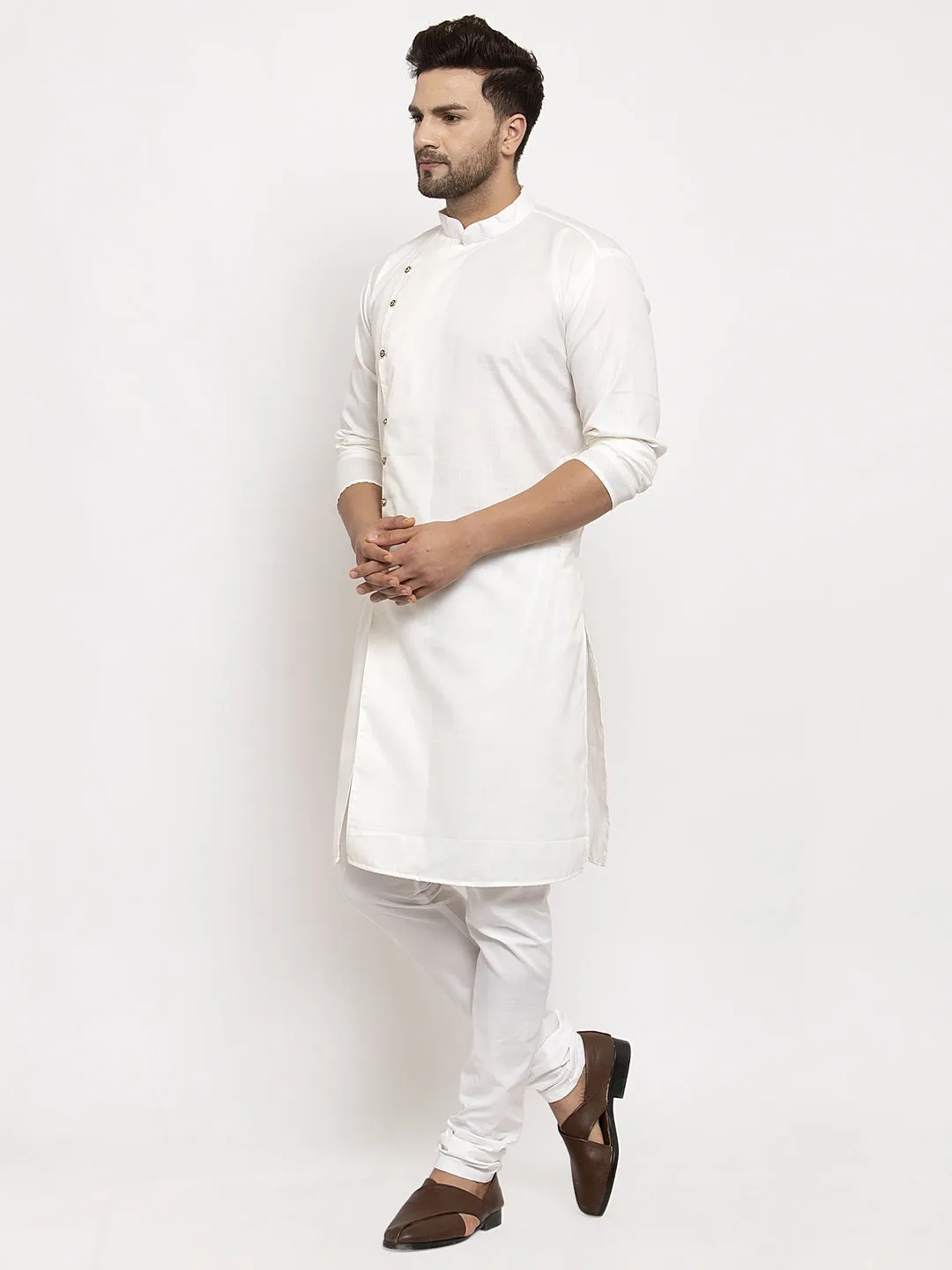 Men's White Solid Kurta With White Churidaar Pyjama - Benstoke