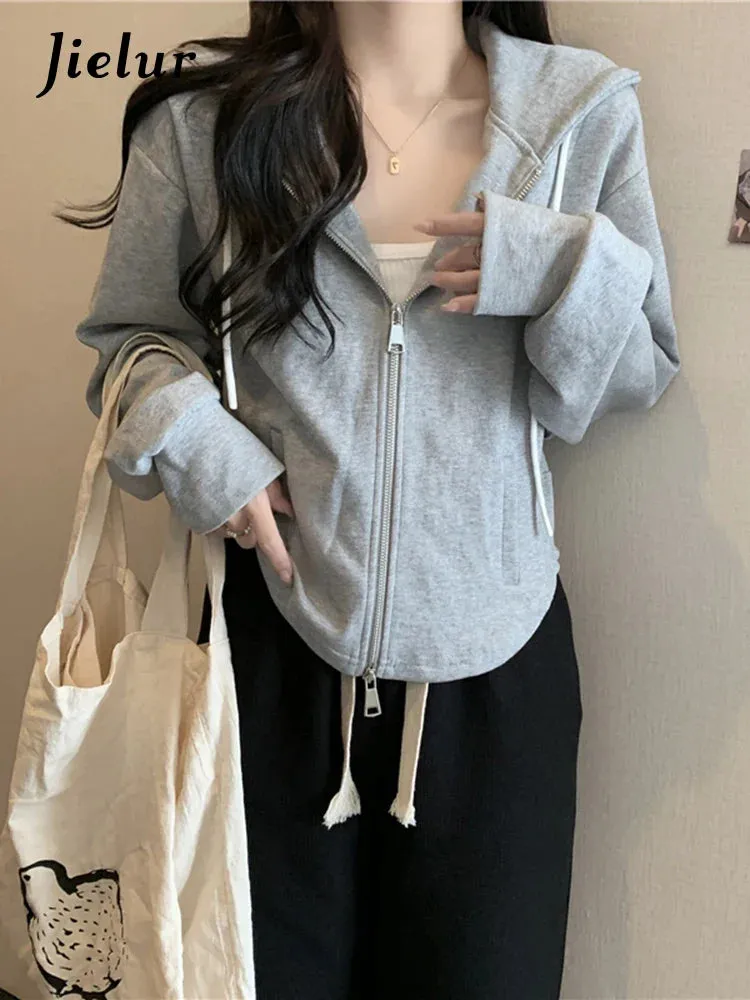 Metaversmall Double Zipper Short Women's Hoodies Autumn Winter Korean Casual Loose Thin Gray Navy Coat Women Sweatshirt Hooded M-XL