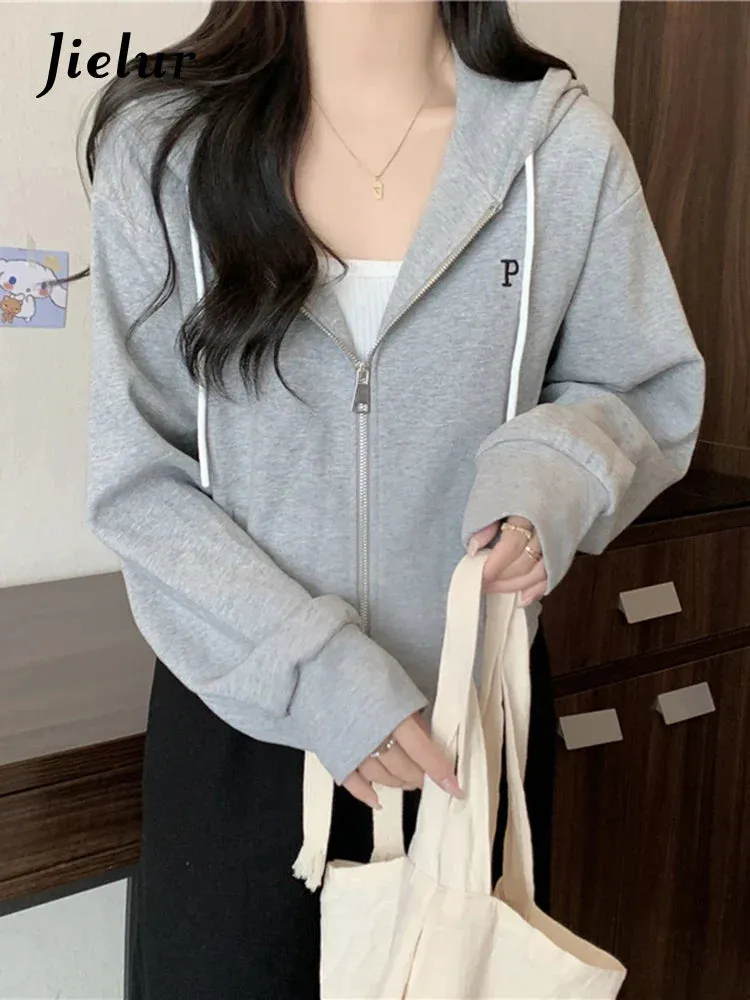 Metaversmall Double Zipper Short Women's Hoodies Autumn Winter Korean Casual Loose Thin Gray Navy Coat Women Sweatshirt Hooded M-XL