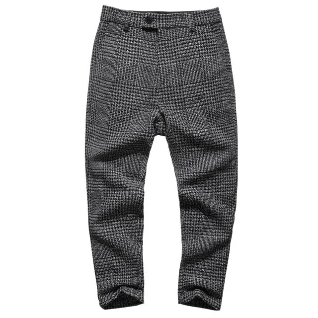 New winter men's casual grey plaid woolen button slim stretch long pants men trousers Italian style fashion brand design K681-2