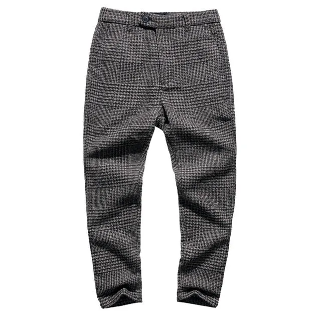 New winter men's casual grey plaid woolen button slim stretch long pants men trousers Italian style fashion brand design K681-2