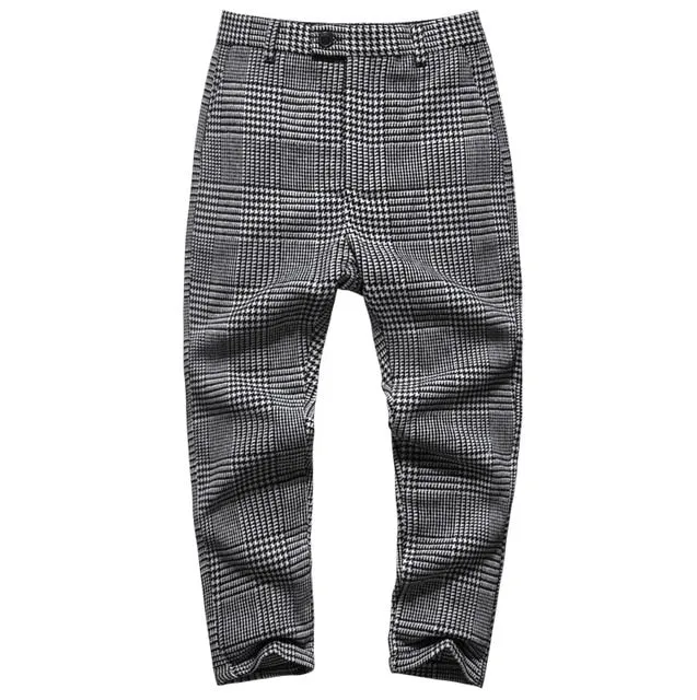 New winter men's casual grey plaid woolen button slim stretch long pants men trousers Italian style fashion brand design K681-2