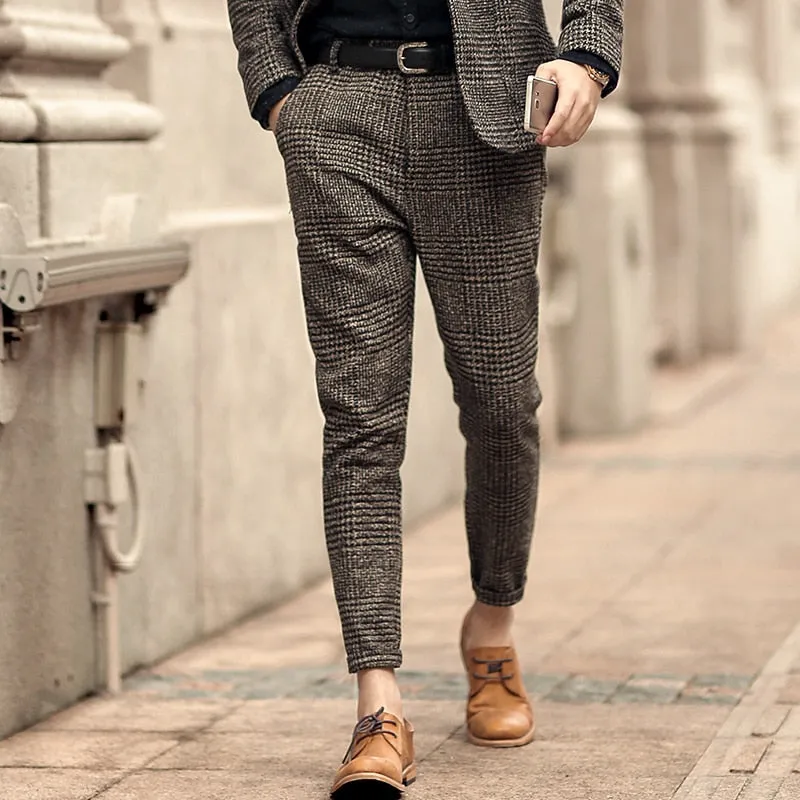 New winter men's casual grey plaid woolen button slim stretch long pants men trousers Italian style fashion brand design K681-2