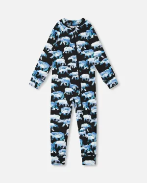 One Piece Thermal Underwear Black Printed Polar Bears