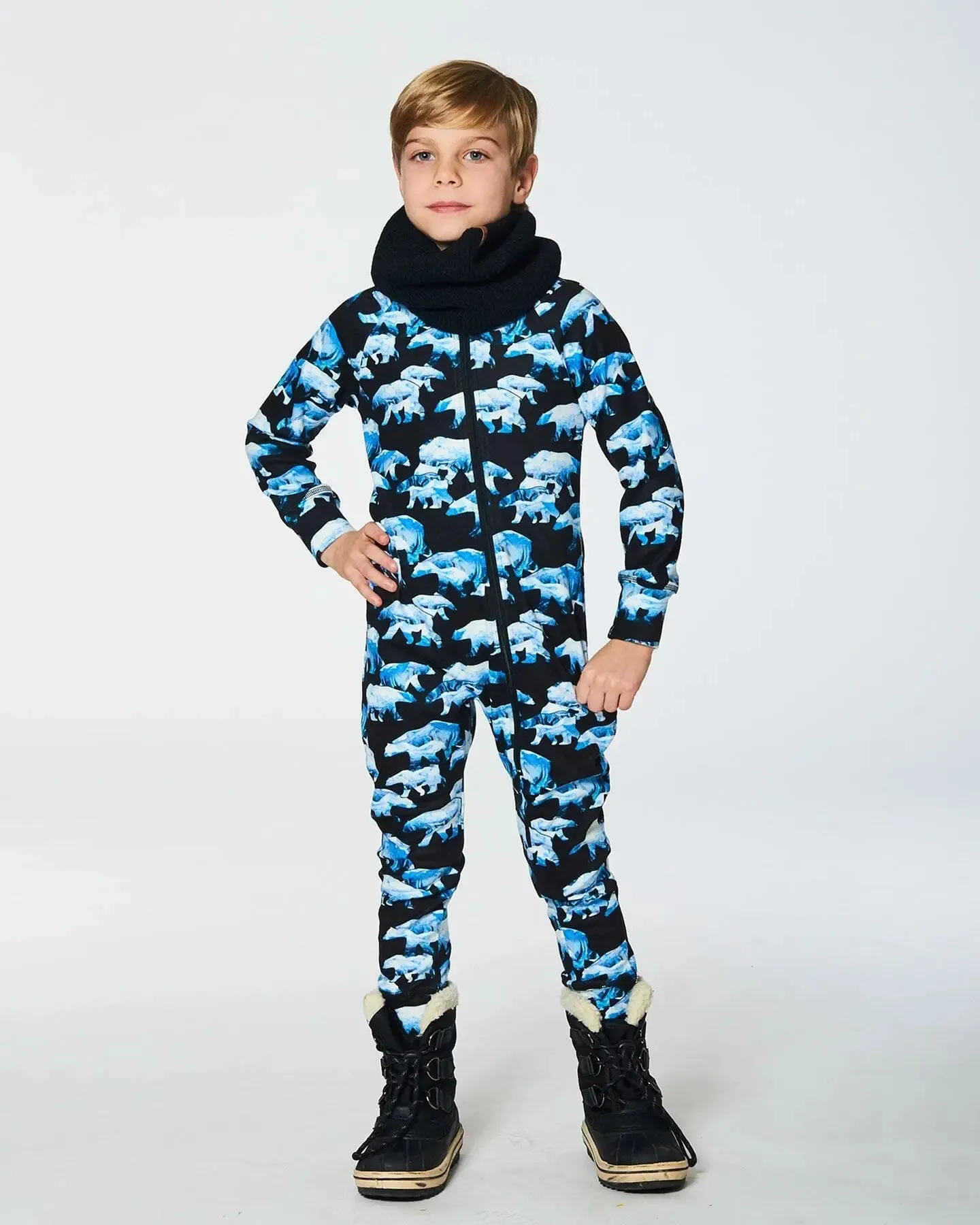 One Piece Thermal Underwear Black Printed Polar Bears