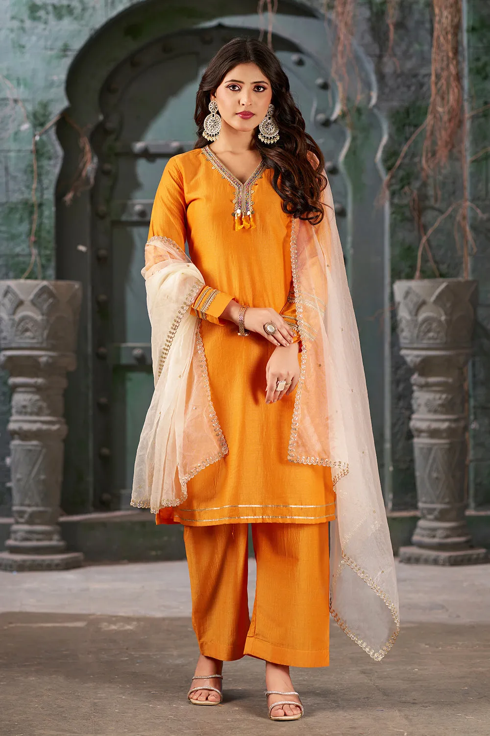 Orange Peel Straight Embroidered Kurta Set with Trousers and Dupatta