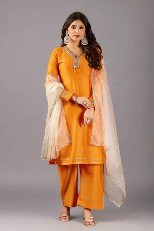 Orange Peel Straight Embroidered Kurta Set with Trousers and Dupatta