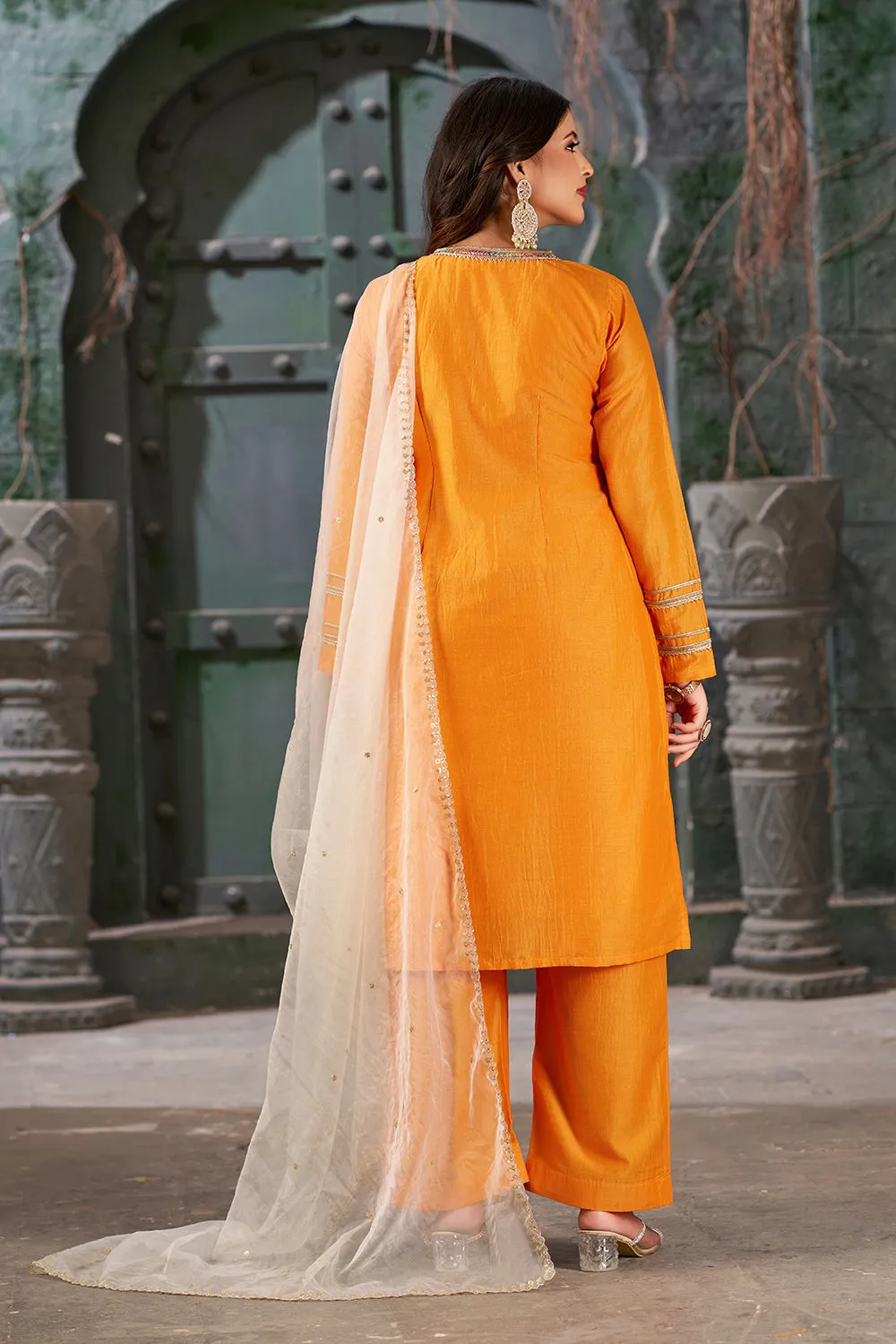 Orange Peel Straight Embroidered Kurta Set with Trousers and Dupatta