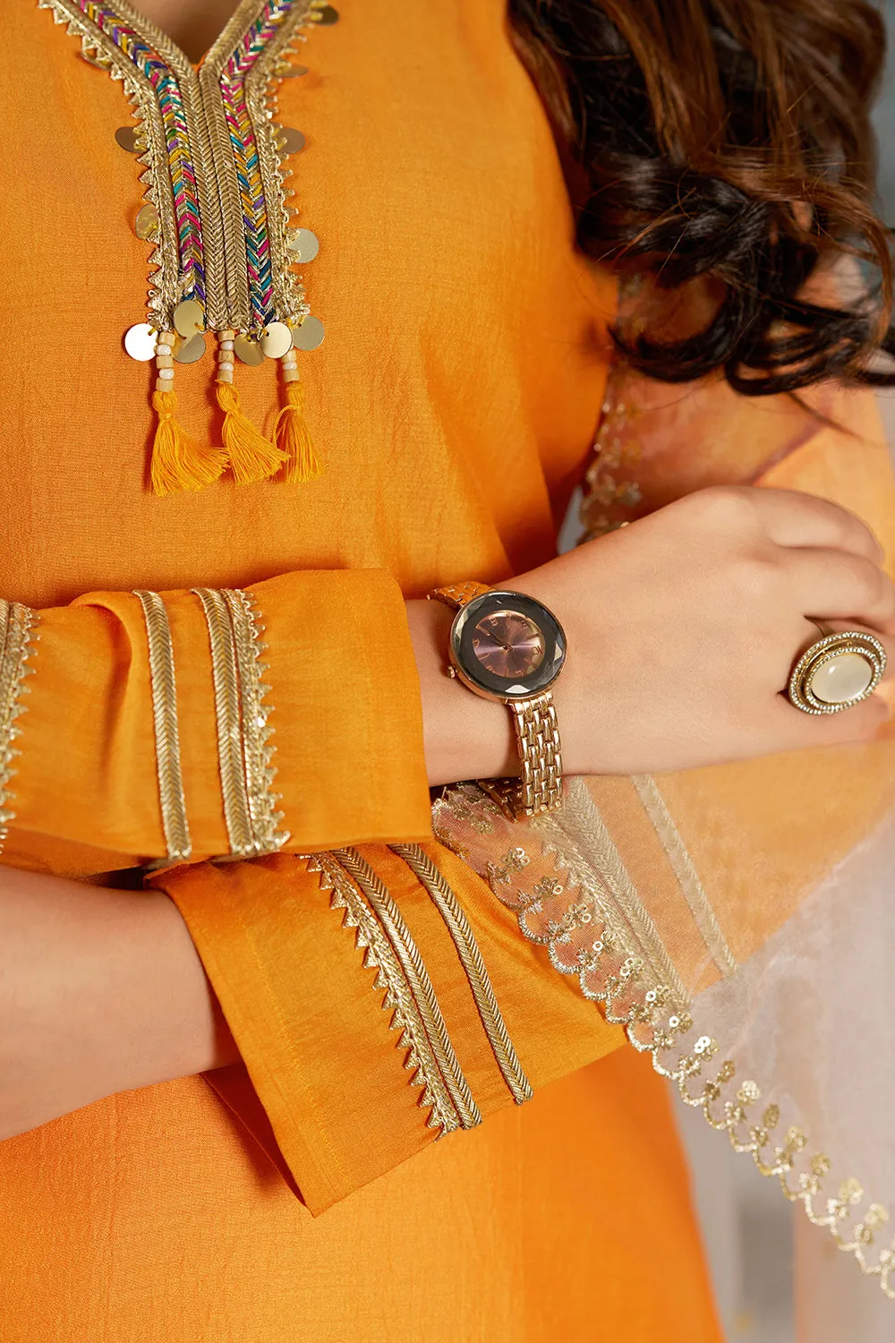 Orange Peel Straight Embroidered Kurta Set with Trousers and Dupatta