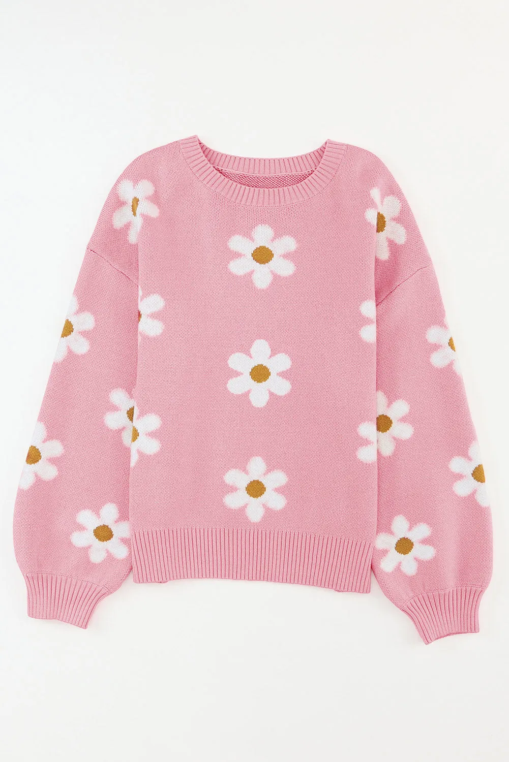 Pink 60s Floral Pattern Drop Shoulder Pullover Knit Sweater