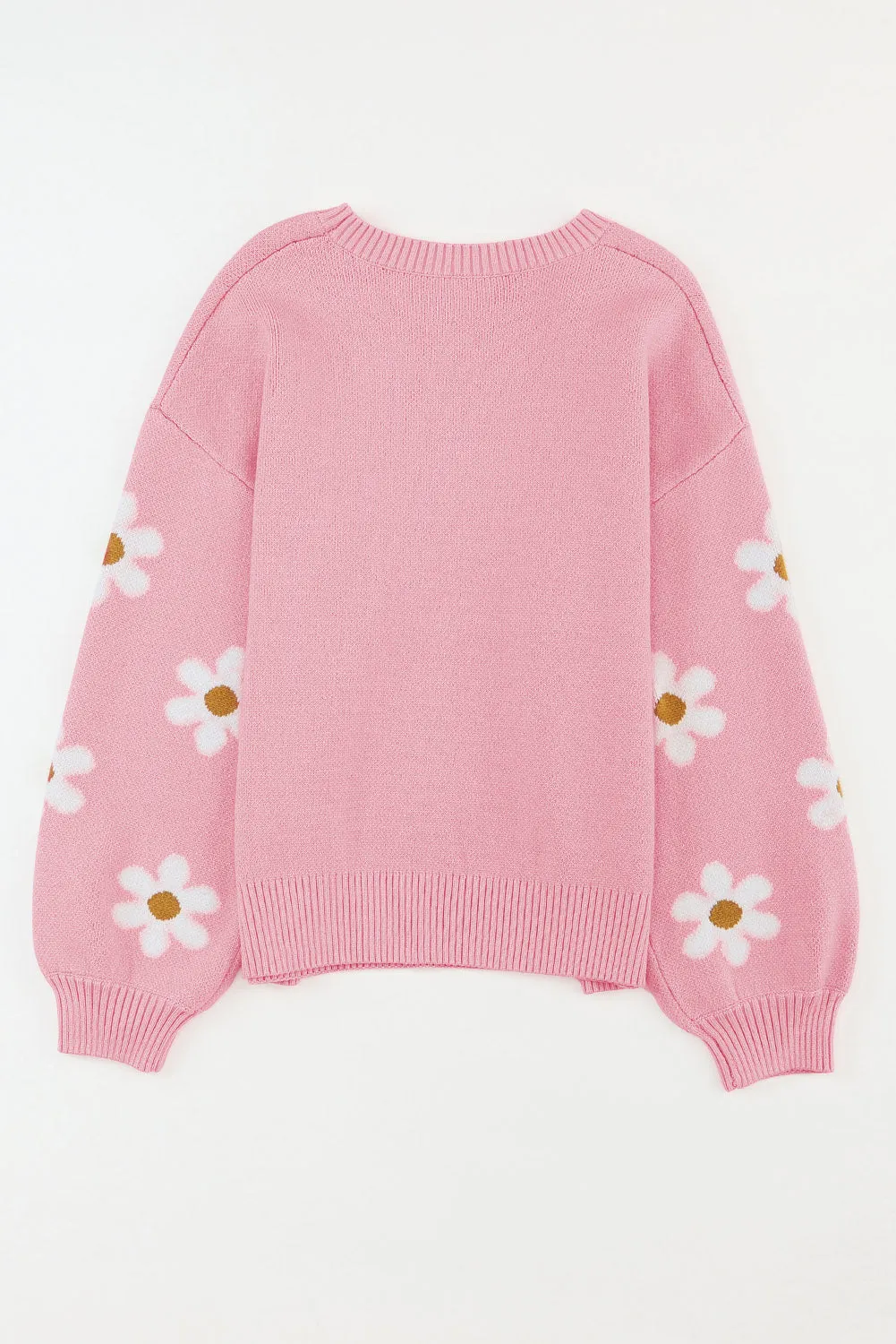 Pink 60s Floral Pattern Drop Shoulder Pullover Knit Sweater