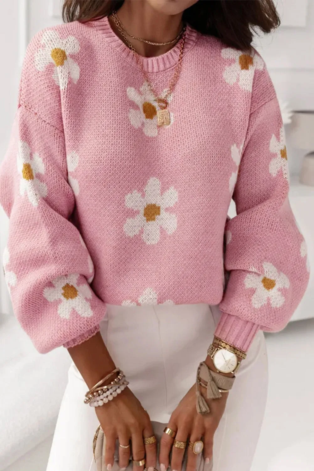 Pink 60s Floral Pattern Drop Shoulder Pullover Knit Sweater