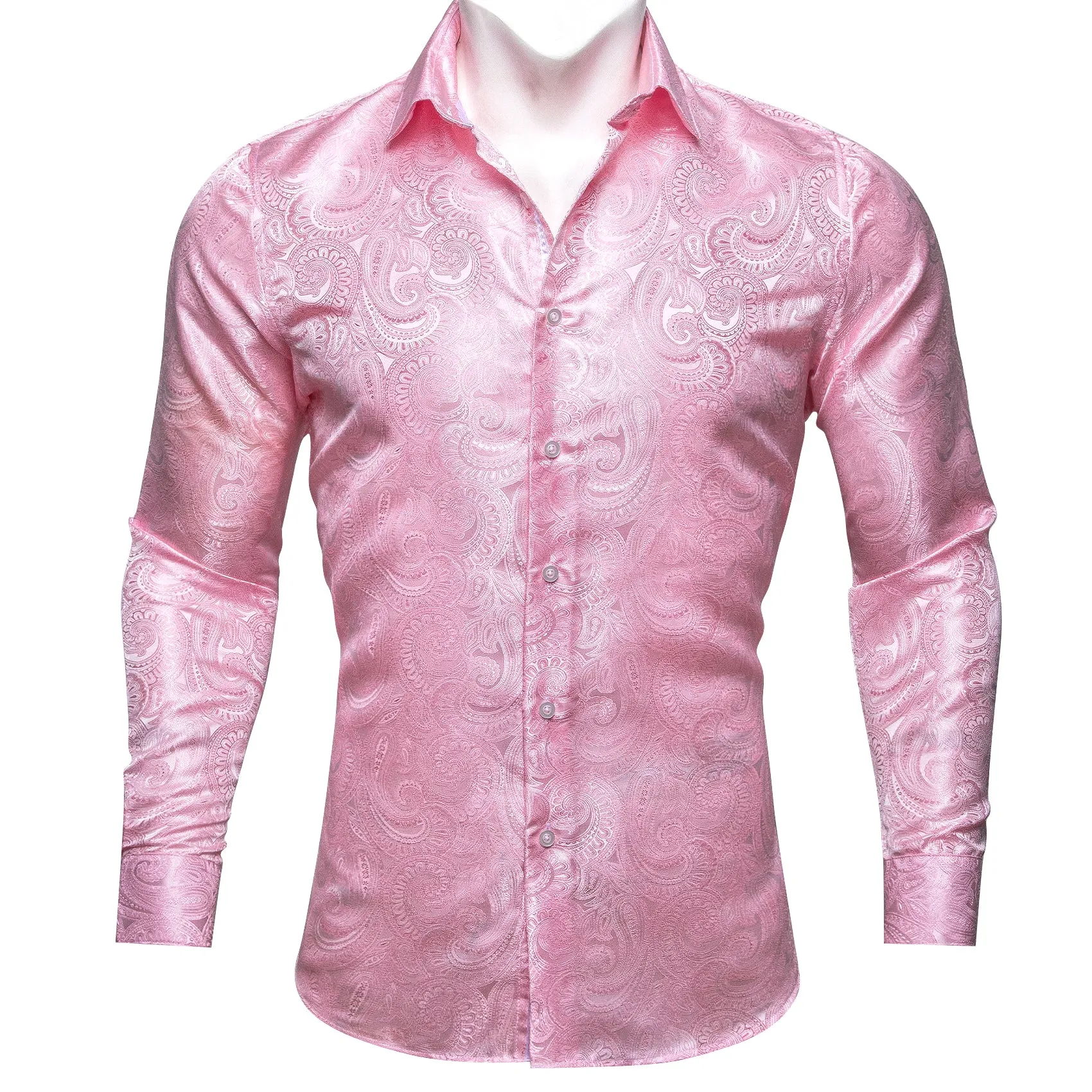 Pink Paisley Pattern Silk Men's Long Sleeve Shirt