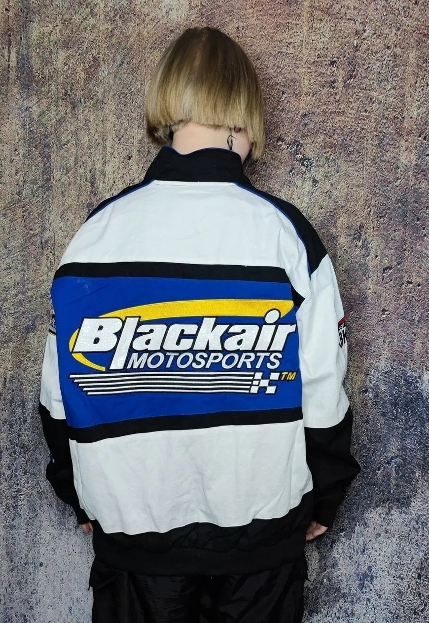 Racer jacket multi patch padded motorcycle bomber in blue